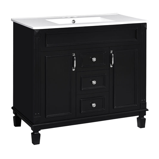Bathroom vanity with top sink in black cabinet, white countertop, soft-close storage on Tampa Home & Garden Store