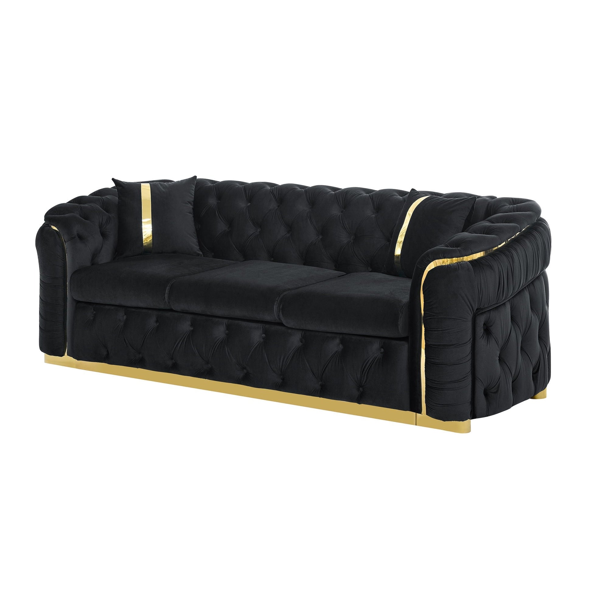 Button tufted 3-seater Chesterfield sofa in black velvet, gold base, 2 pillows on Tampa Home & Garden Store