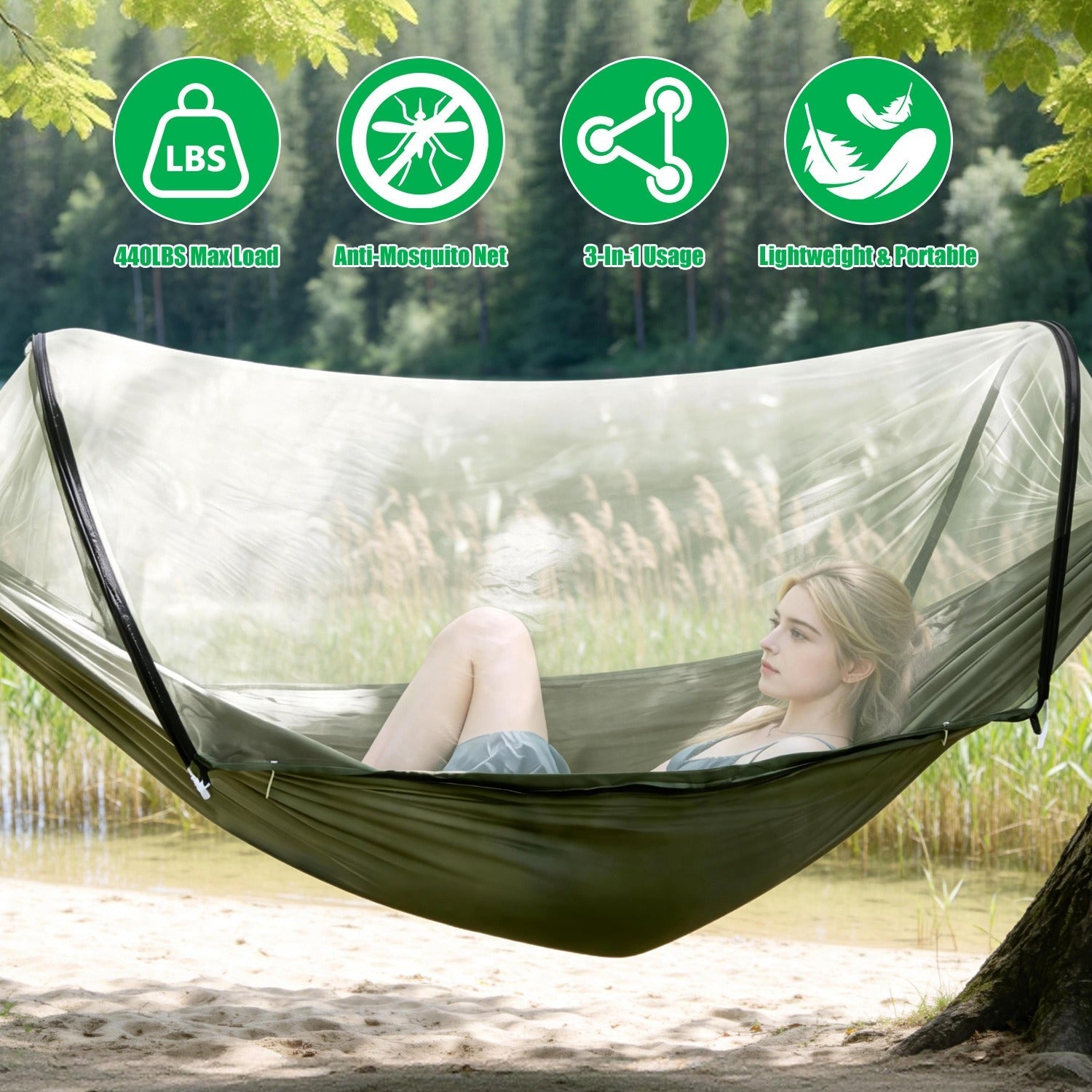 GemGear Camping Hammock with Mosquito Net green 440lbs max load 3in1 lightweight portable on Tampa Home & Garden Store