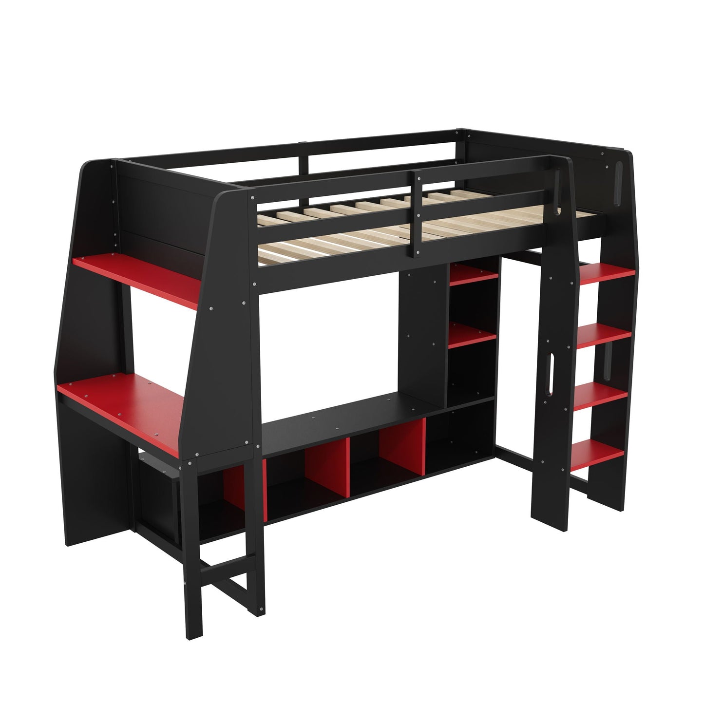 Gaming loft bed with desk, red open shelves, and wood slat base in a black metal frame on Tampa Home & Garden Store