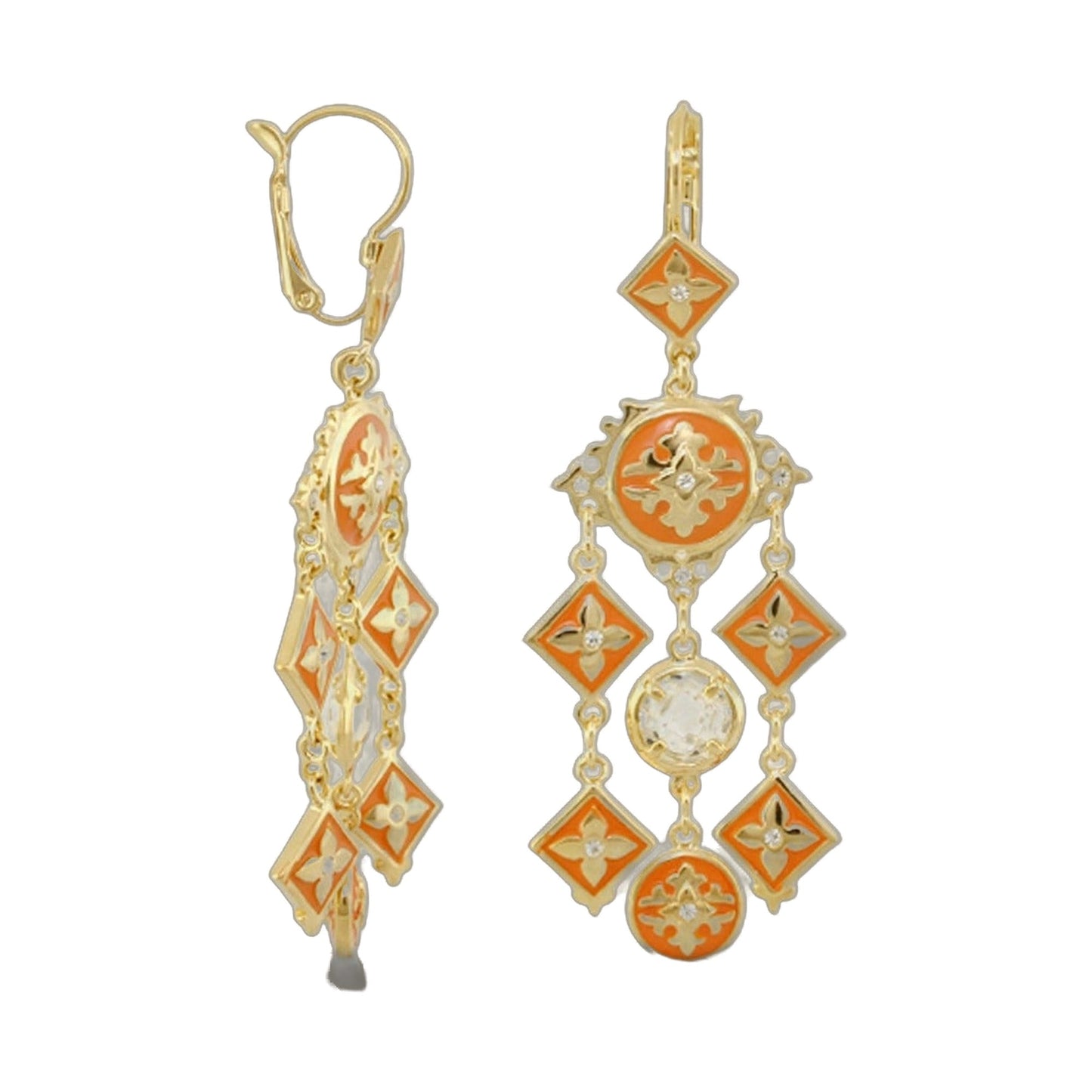 Mandarine Oriental Earrings, gold-tone orange enamel with diamond accents, chandelier drop pair on Tampa Home & Garden Store