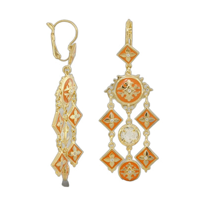 Mandarine Oriental Earrings, gold-tone orange enamel with diamond accents, chandelier drop pair on Tampa Home & Garden Store