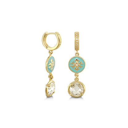 Mandarine Oriental Earrings by Lauren G Adams, gold-tone turquoise enamel discs with crystal drops on Tampa Home & Garden Store