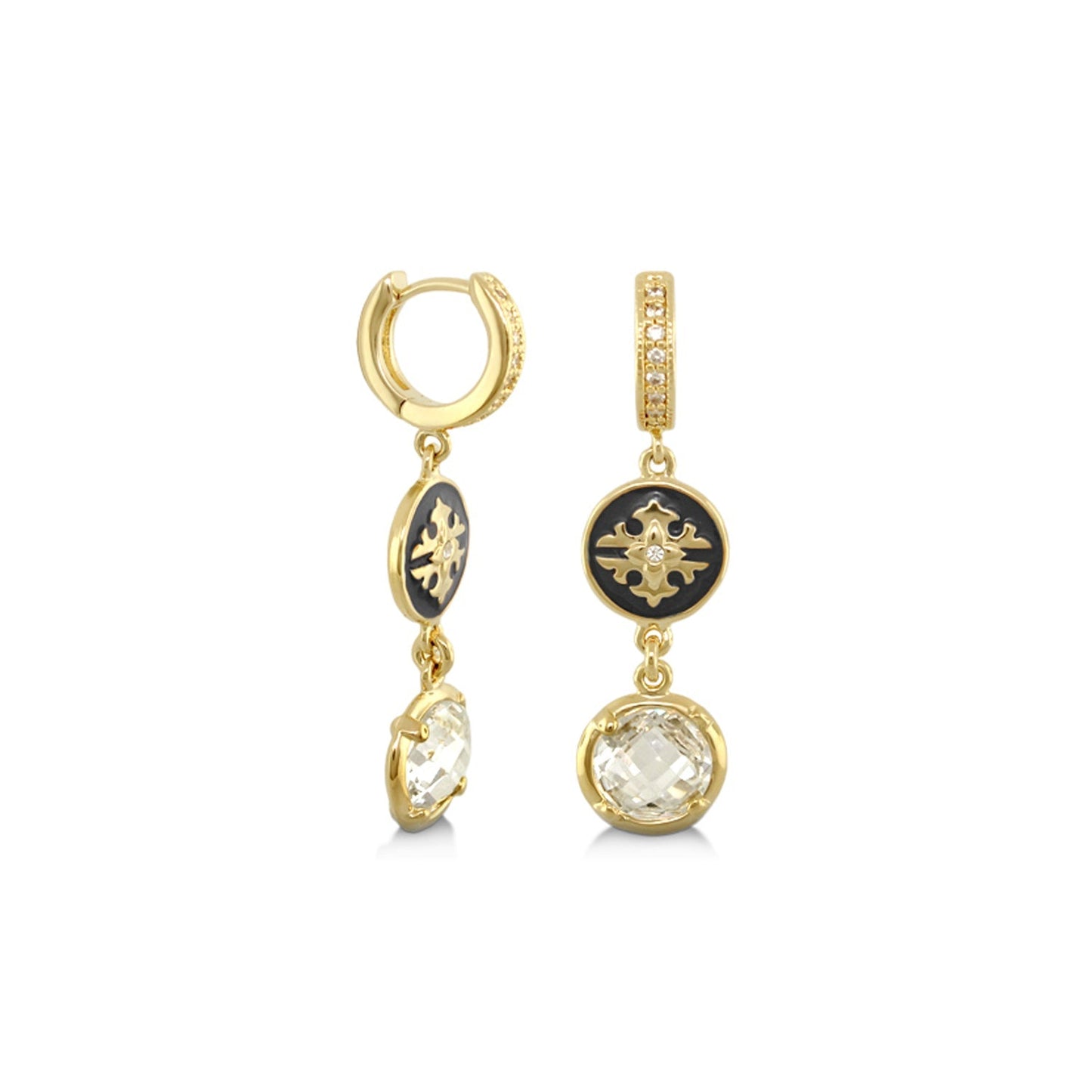 Mandarine Oriental Earrings, gold-tone drop pair with black enamel medallions on Tampa Home & Garden Store