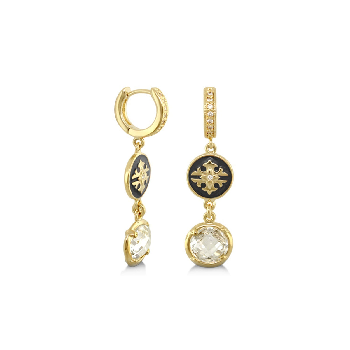 Mandarine Oriental Earrings, gold-tone drop pair with black enamel medallions on Tampa Home & Garden Store