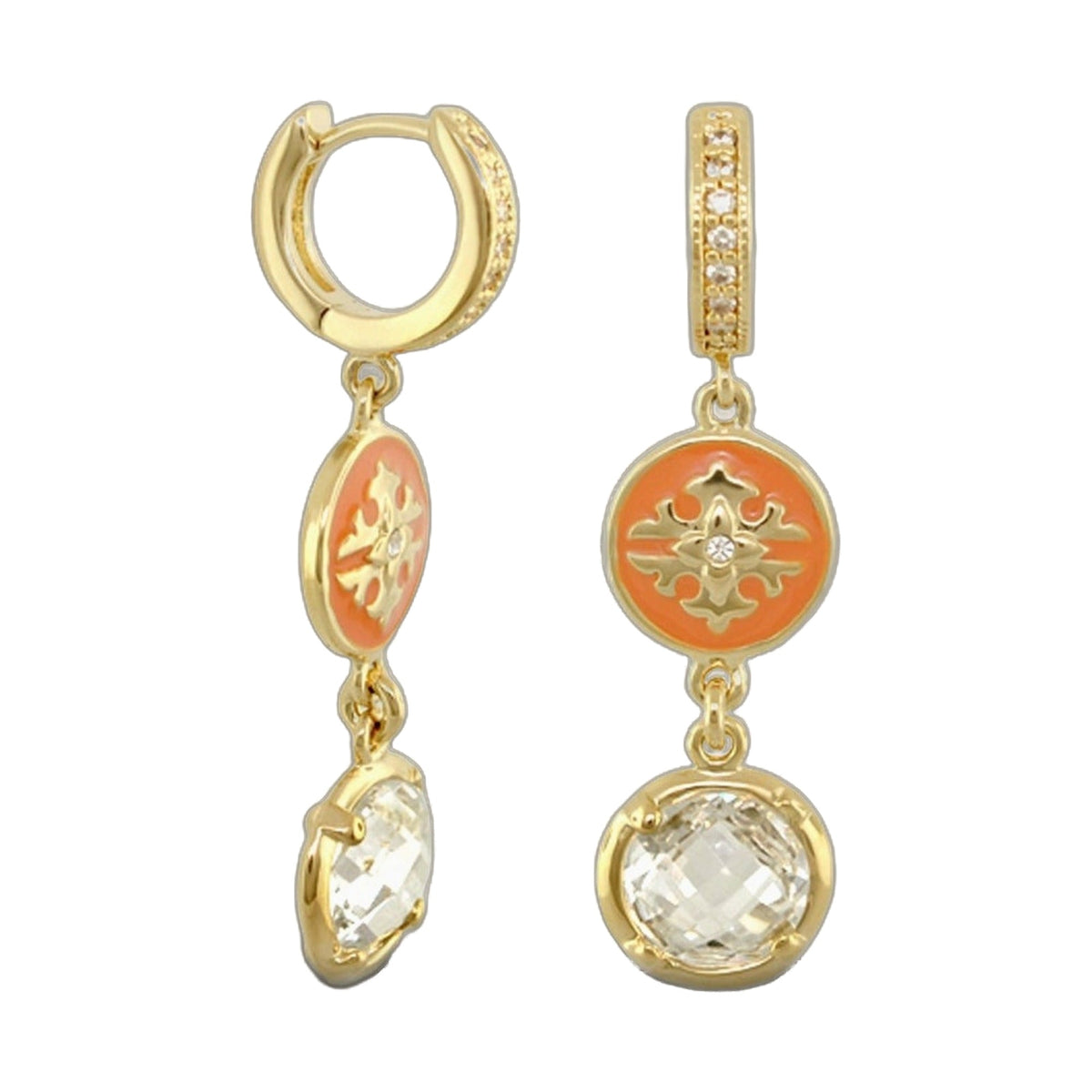 Mandarine Oriental Earrings, gold-tone hoops and orange enamel medallions with crystals on Tampa Home & Garden Store