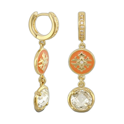 Mandarine Oriental Earrings, gold-tone hoops and orange enamel medallions with crystals on Tampa Home & Garden Store