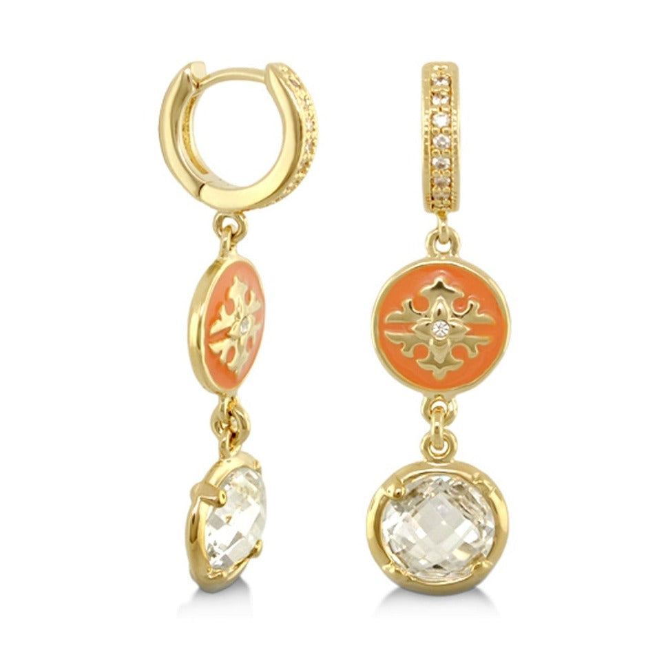 Mandarine Oriental Earrings, drop earrings with coral orange medallions and crystal drops on Tampa Home & Garden Store