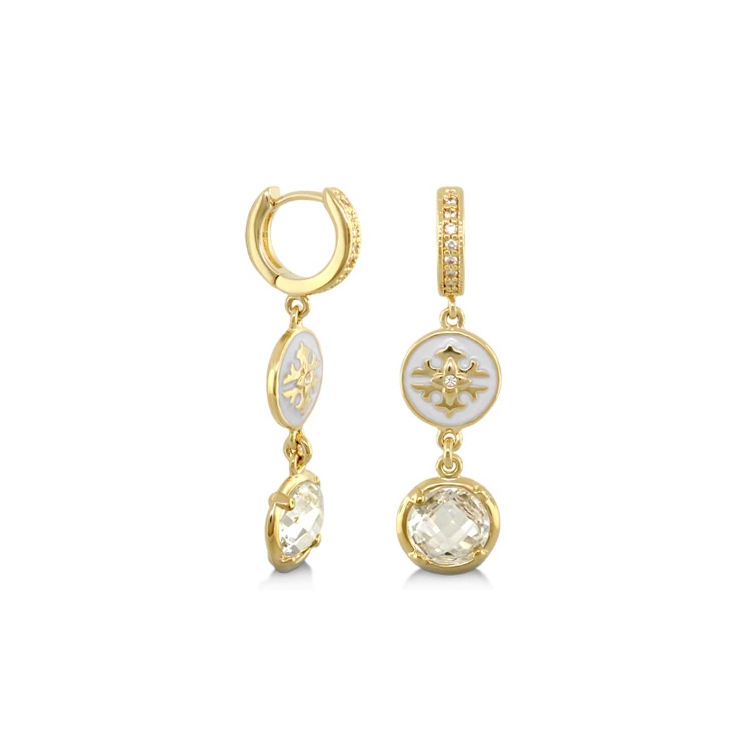 Mandarine Oriental Earrings, gold-tone dangle earrings with white enamel medallions, pair on Tampa Home & Garden Store