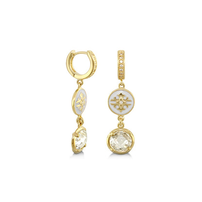 Mandarine Oriental Earrings, gold-tone dangle earrings with white enamel medallions, pair on Tampa Home & Garden Store