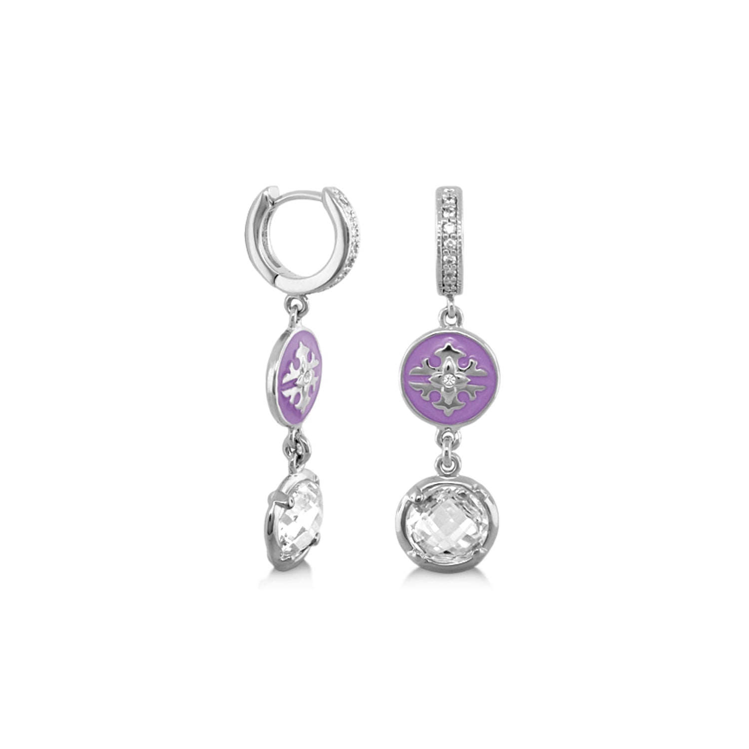 Mandarine Oriental Earrings, purple enamel medallions on silver-tone drop hoops with crystals on Tampa Home & Garden Store