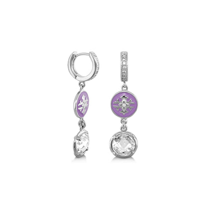 Mandarine Oriental Earrings, purple enamel medallions on silver-tone drop hoops with crystals on Tampa Home & Garden Store