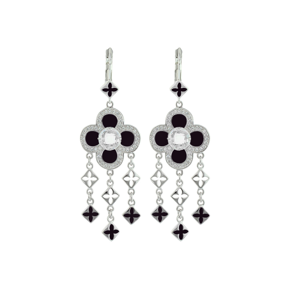 Floral Knight Earrings Quatrefoil Drop, black enamel petals with crystal center, pair on Tampa Home & Garden Store
