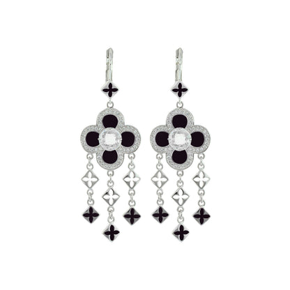 Floral Knight Earrings Quatrefoil Drop, black enamel petals with crystal center, pair on Tampa Home & Garden Store