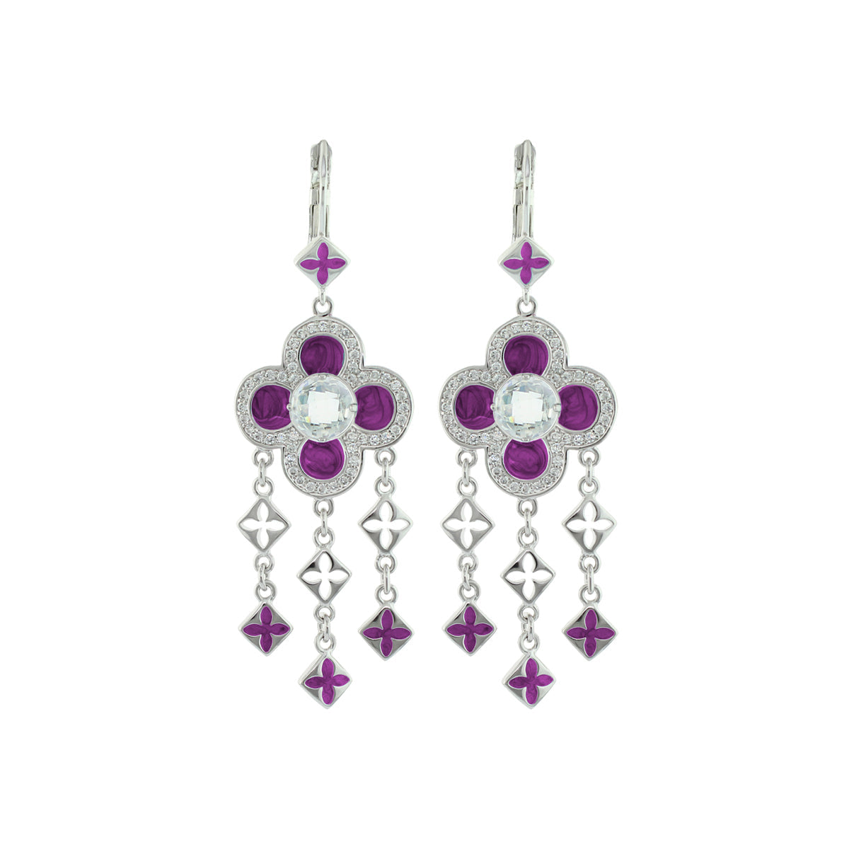 Floral Knight Earrings — Quatrefoil Drop, silver-tone purple stones and crystal accents on Tampa Home & Garden Store