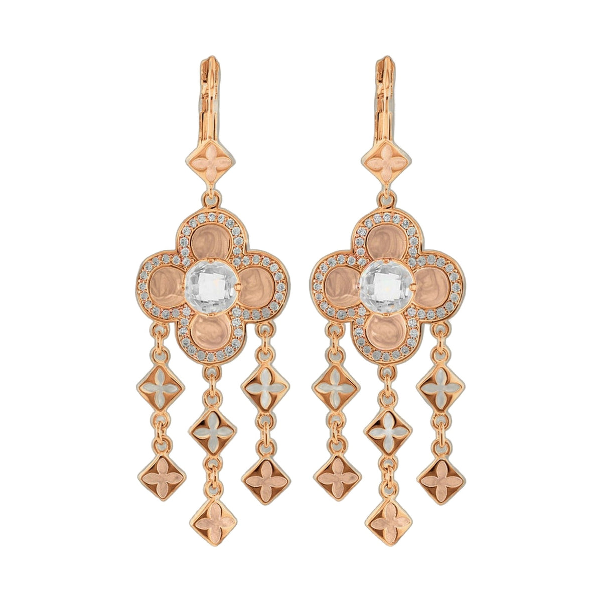 Floral Knight Earrings Quatrefoil Drop rose gold with diamond halo dangling square charms on Tampa Home & Garden Store