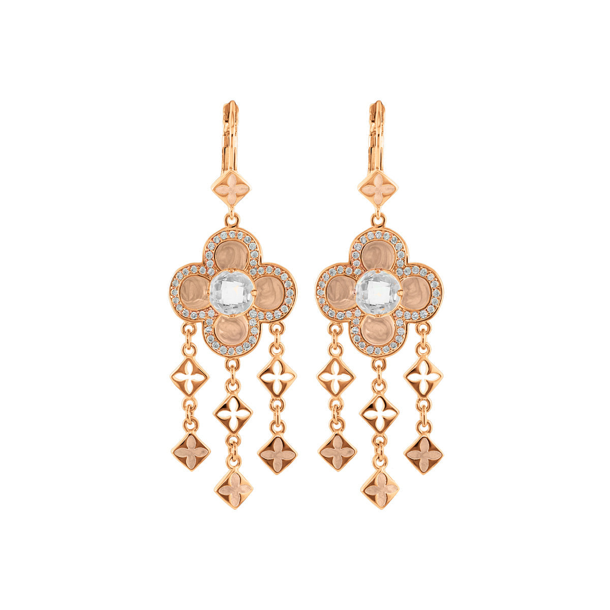 Floral Knight Earrings Quatrefoil Drop, rose gold-tone with crystal center on Tampa Home & Garden Store
