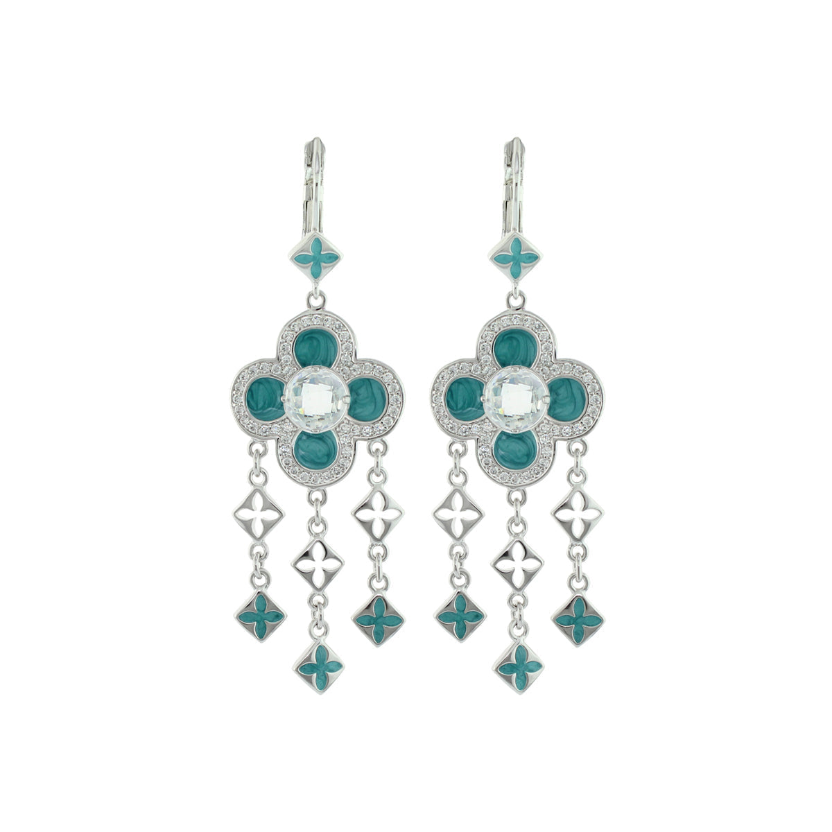 Floral Knight Earrings Quatrefoil Drop, silver-tone turquoise enamel petals and crystals on Tampa Home & Garden Store