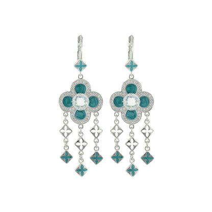 Floral Knight Earrings Quatrefoil Drop, silver-tone turquoise enamel petals and crystals on Tampa Home & Garden Store