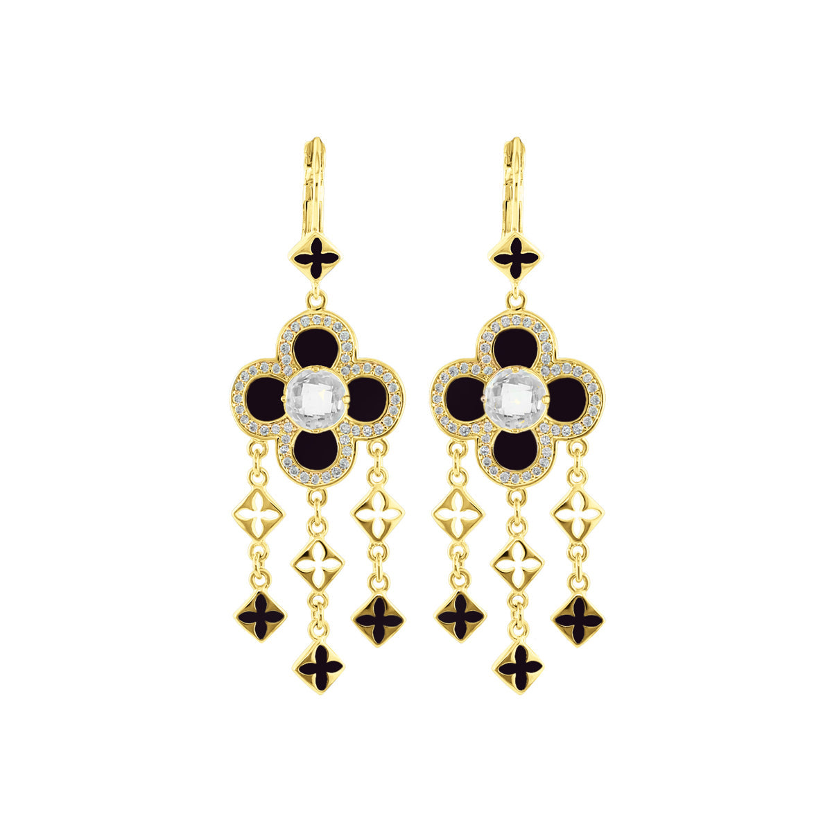 Floral Knight Earrings Quatrefoil Drop goldtone black petals crystal centers by Lauren G Adams on Tampa Home & Garden Store