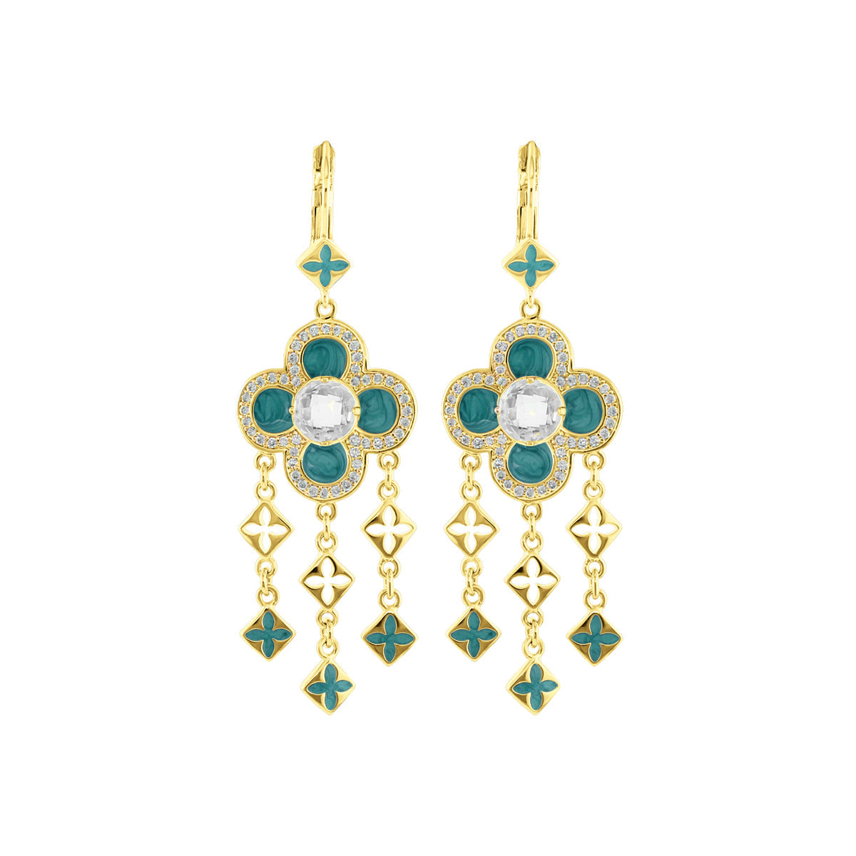 Floral Knight Earrings - Quatrefoil Drop pair, gold-tone with teal enamel and crystal accents on Tampa Home & Garden Store