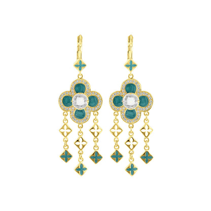 Floral Knight Earrings - Quatrefoil Drop pair, gold-tone with teal enamel and crystal accents on Tampa Home & Garden Store