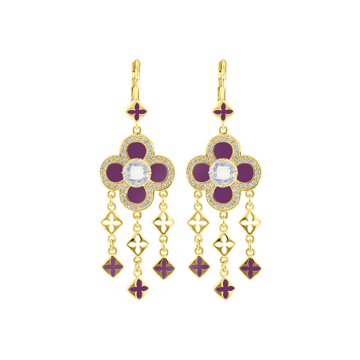 Floral Knight Earrings — Quatrefoil Drop, gold-tone with purple enamel petals and crystal halo on Tampa Home & Garden Store