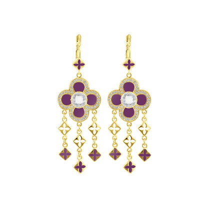 Floral Knight Earrings — Quatrefoil Drop, gold-tone with purple enamel petals and crystal halo on Tampa Home & Garden Store
