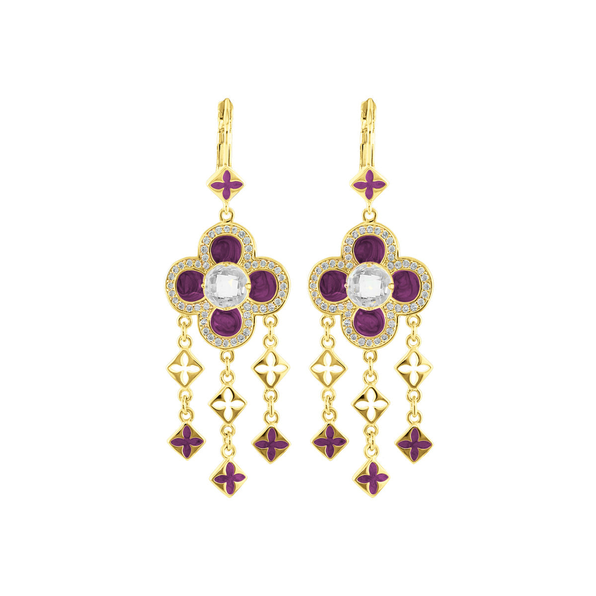Floral Knight Earrings Quatrefoil Drop, gold-tone with purple enamel petals and crystal halo on Tampa Home & Garden Store