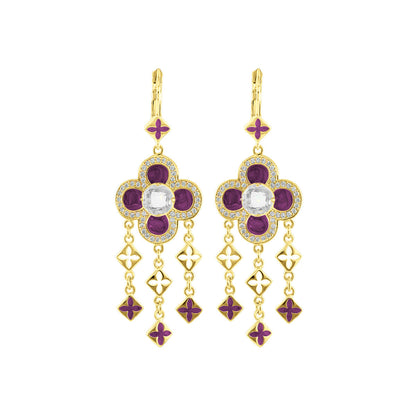 Floral Knight Earrings Quatrefoil Drop, gold-tone with purple enamel petals and crystal halo on Tampa Home & Garden Store