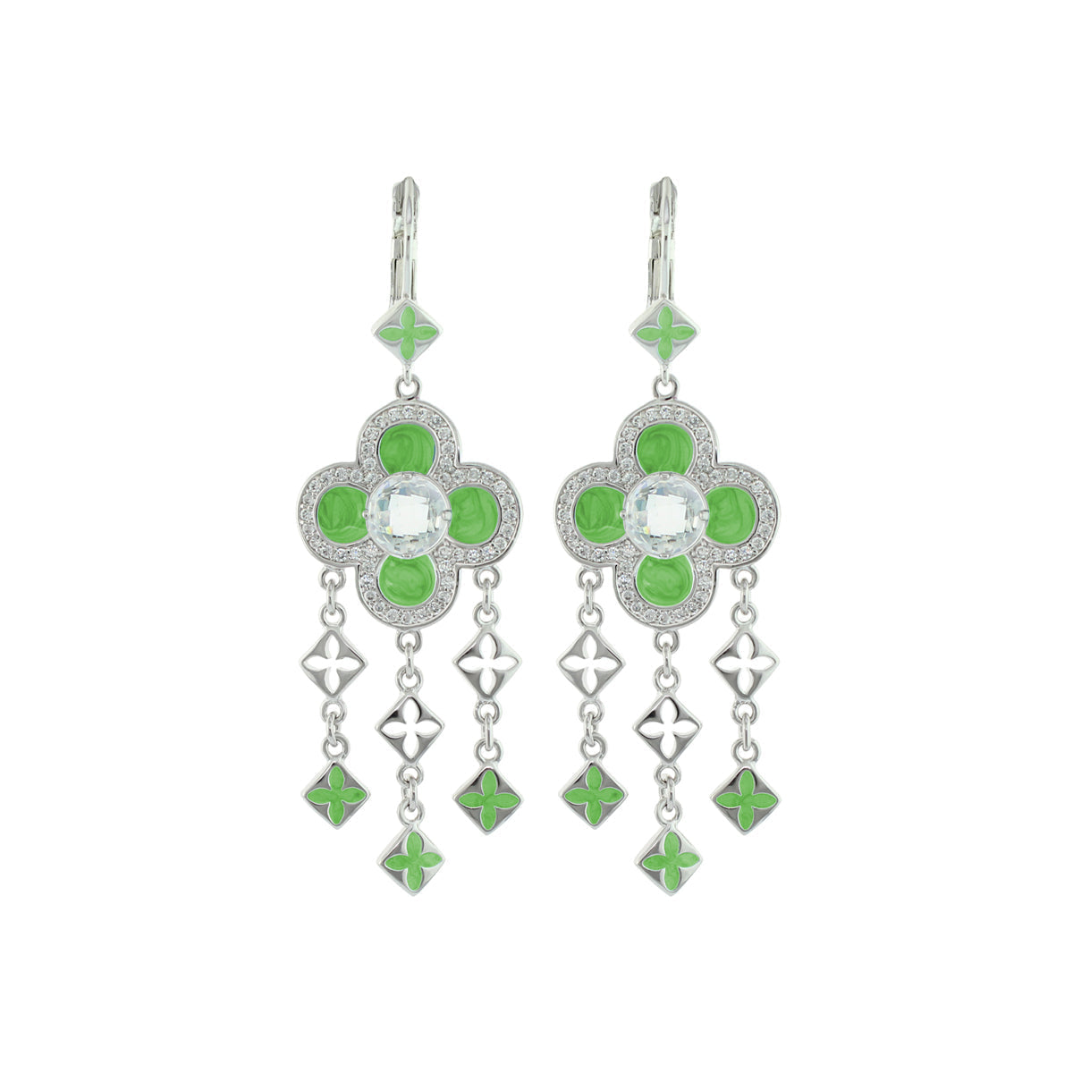 Floral Knight Earrings — Quatrefoil Drop green enamel petals and clear gem chandelier charms on Tampa Home & Garden Store