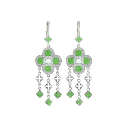 Floral Knight Earrings — Quatrefoil Drop green enamel petals and clear gem chandelier charms on Tampa Home & Garden Store