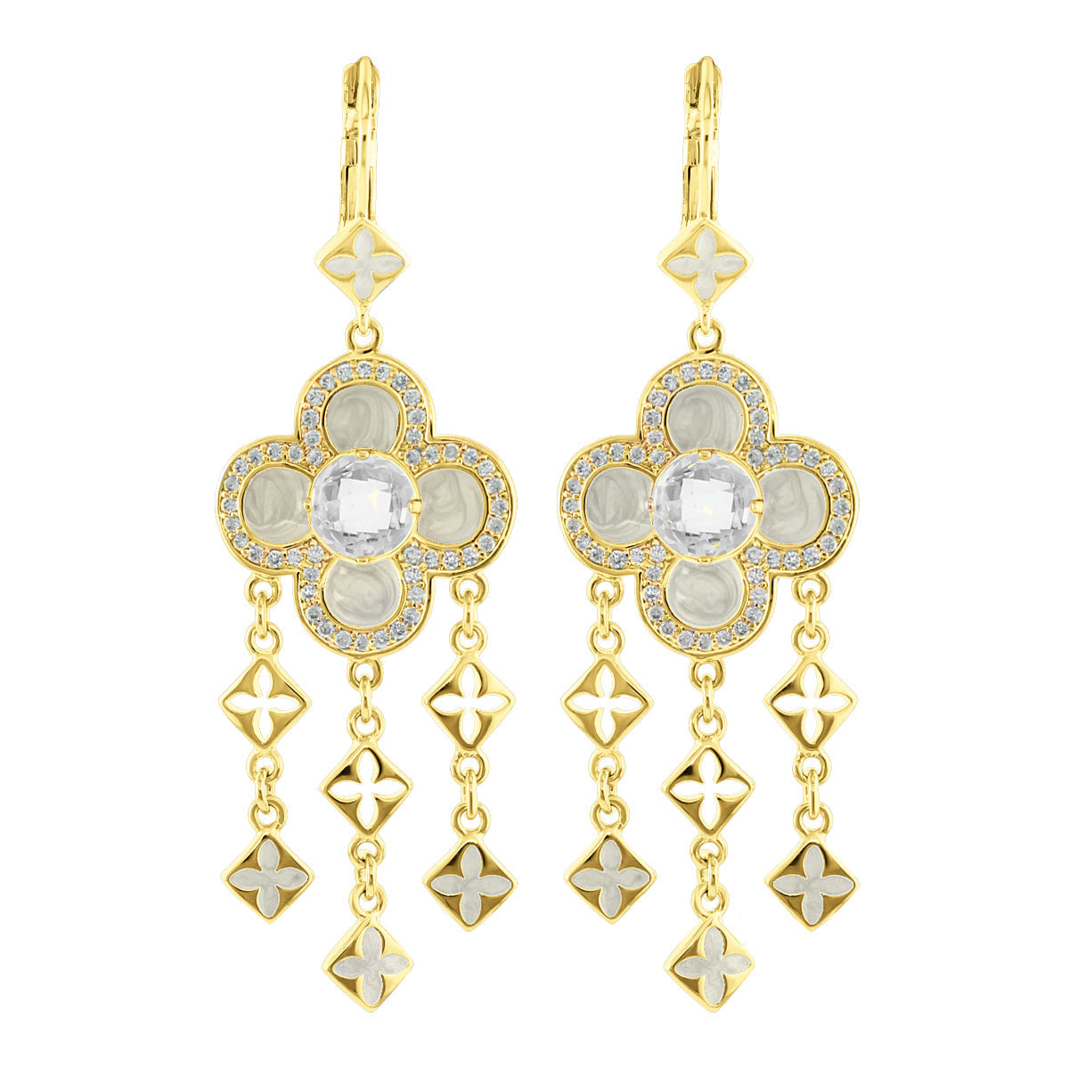 Floral Knight Earrings Quatrefoil Drop, gold-tone with crystal halo and inlay, dangling charms on Tampa Home & Garden Store