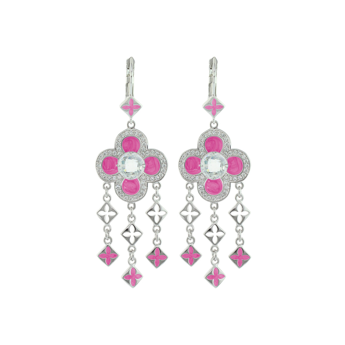 Floral Knight Earrings Quatrefoil Drop pink enamel with crystal center, pair of dangling charms on Tampa Home & Garden Store