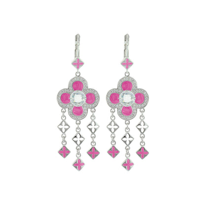 Floral Knight Earrings Quatrefoil Drop pink enamel with crystal center, pair of dangling charms on Tampa Home & Garden Store