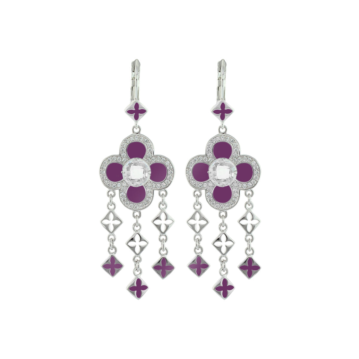 Floral Knight Earrings — Quatrefoil Drop, purple enamel petals with crystal center on Tampa Home & Garden Store