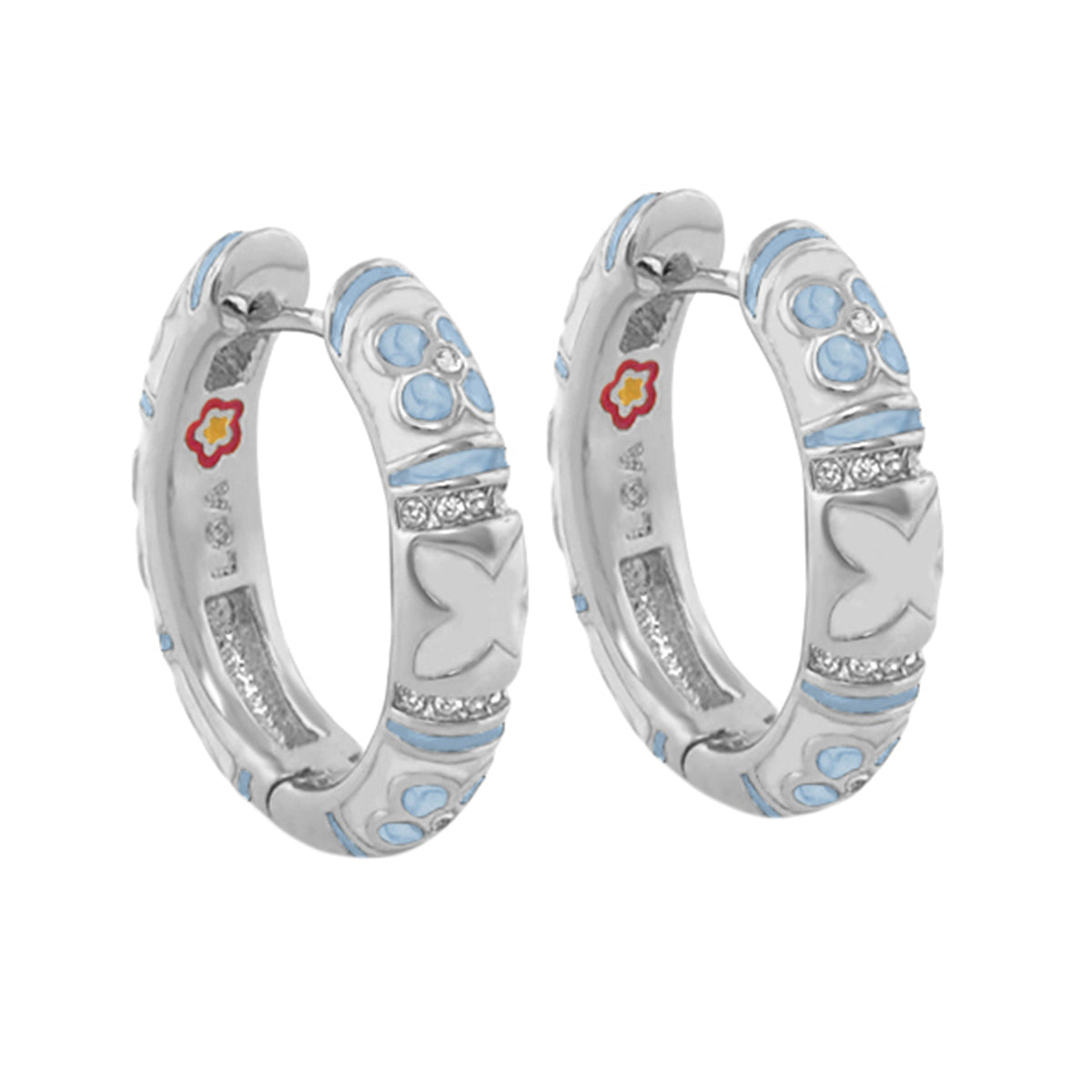 Floral Knight Earrings — Enamel Huggie pair, silver hoops with blue enamel accents on Tampa Home & Garden Store