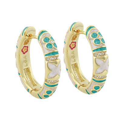 Floral Knight Earrings Enamel Huggie by Lauren G Adams, gold hoops with turquoise accents on Tampa Home & Garden Store