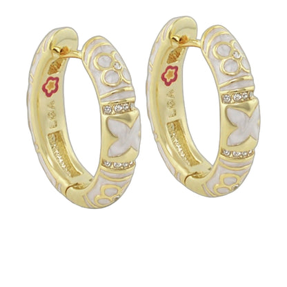 Floral Knight Earrings Enamel Huggie pair in gold with white enamel and crystal accents on Tampa Home & Garden Store