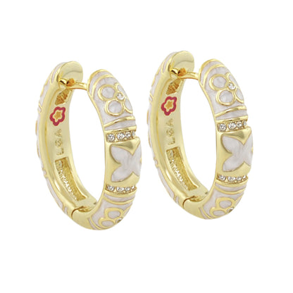 Lauren G Adams Floral Knight Enamel Huggie earrings, gold hoops with enamel panels on Tampa Home & Garden Store