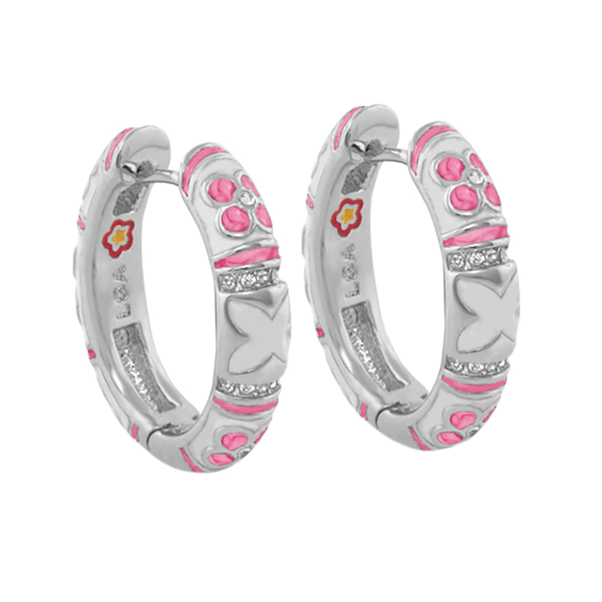 Floral Knight Enamel Huggie earrings, silver hoops with pink enamel accents, Lauren G Adams on Tampa Home & Garden Store
