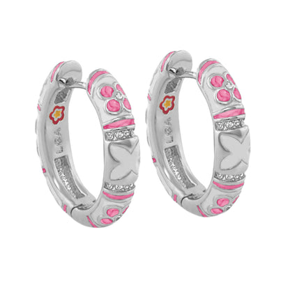 Floral Knight Enamel Huggie earrings, silver hoops with pink enamel accents, Lauren G Adams on Tampa Home & Garden Store