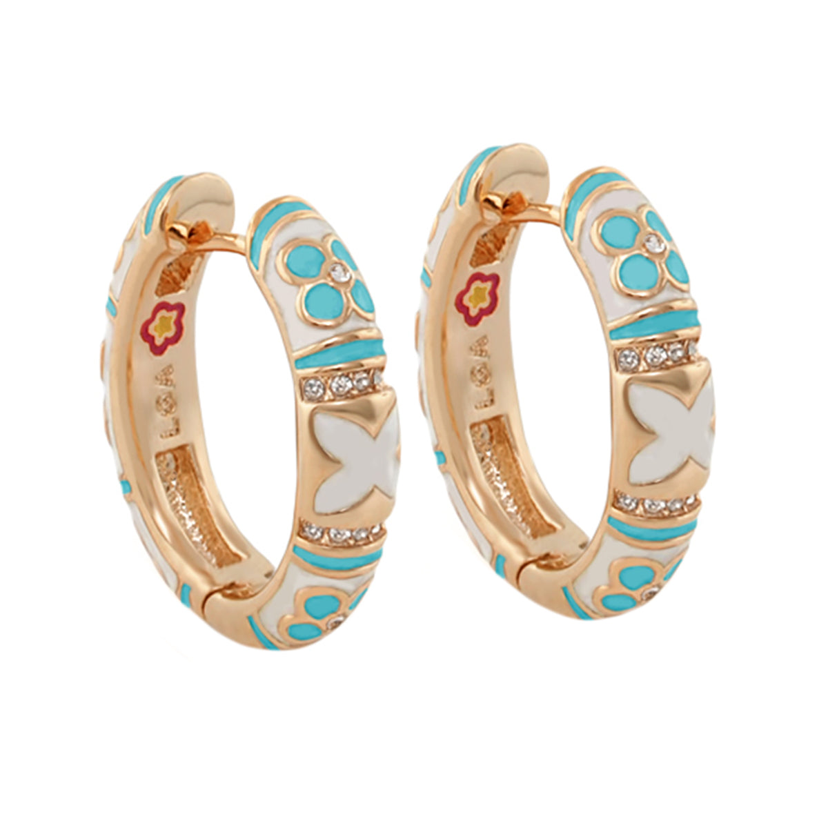 Floral Knight Earrings Enamel Huggie gold-tone hoops with turquoise and white floral enamel on Tampa Home & Garden Store