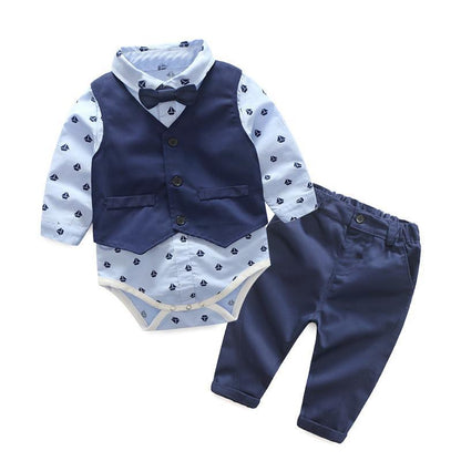 Stevvex baby boy 4-piece formal outfit: light blue sailboat shirt, navy vest, bow tie, navy pants on Tampa Home & Garden Store