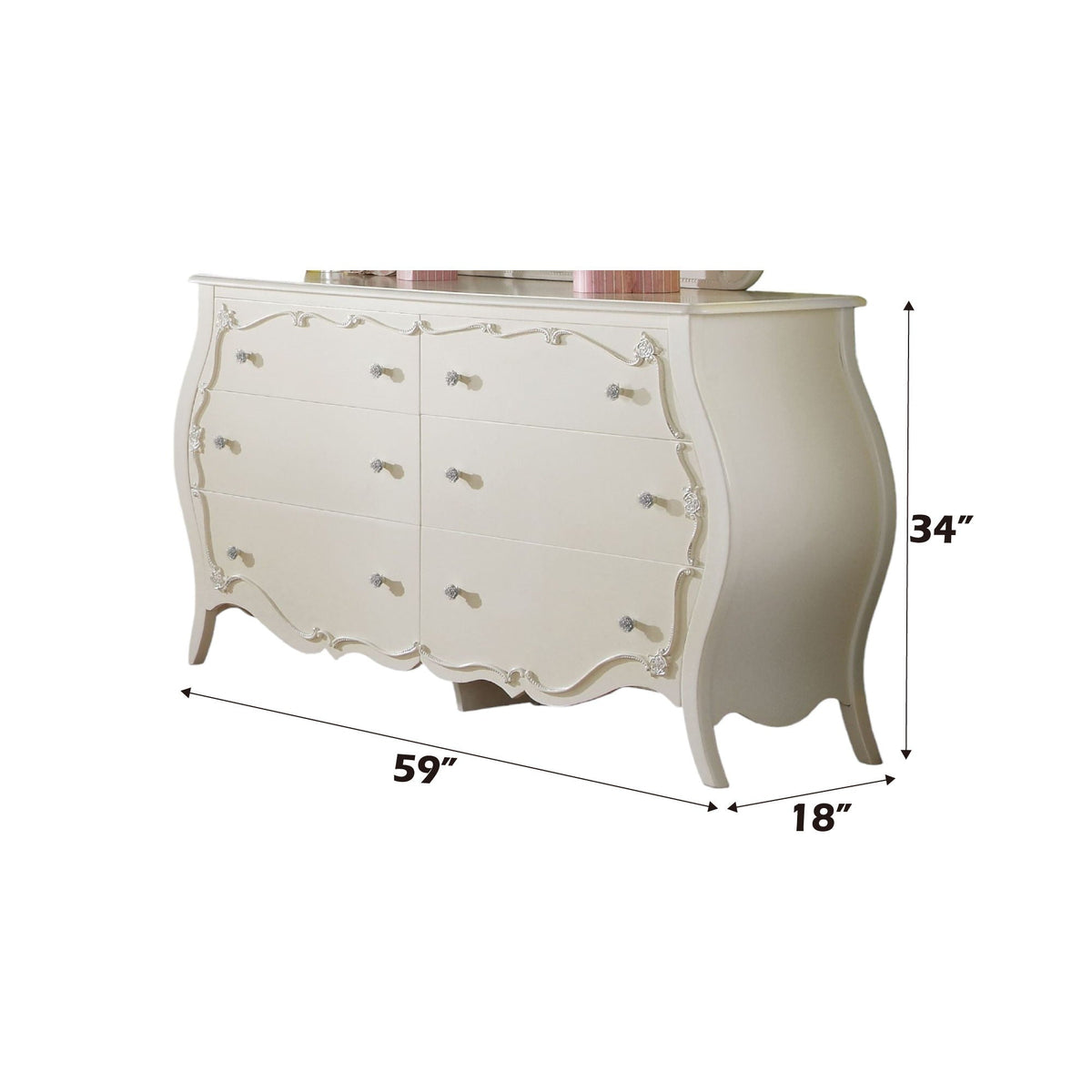 Edalene white six-drawer dresser with ornate moldings and curved legs by HouseOfZazla on Tampa Home & Garden Store