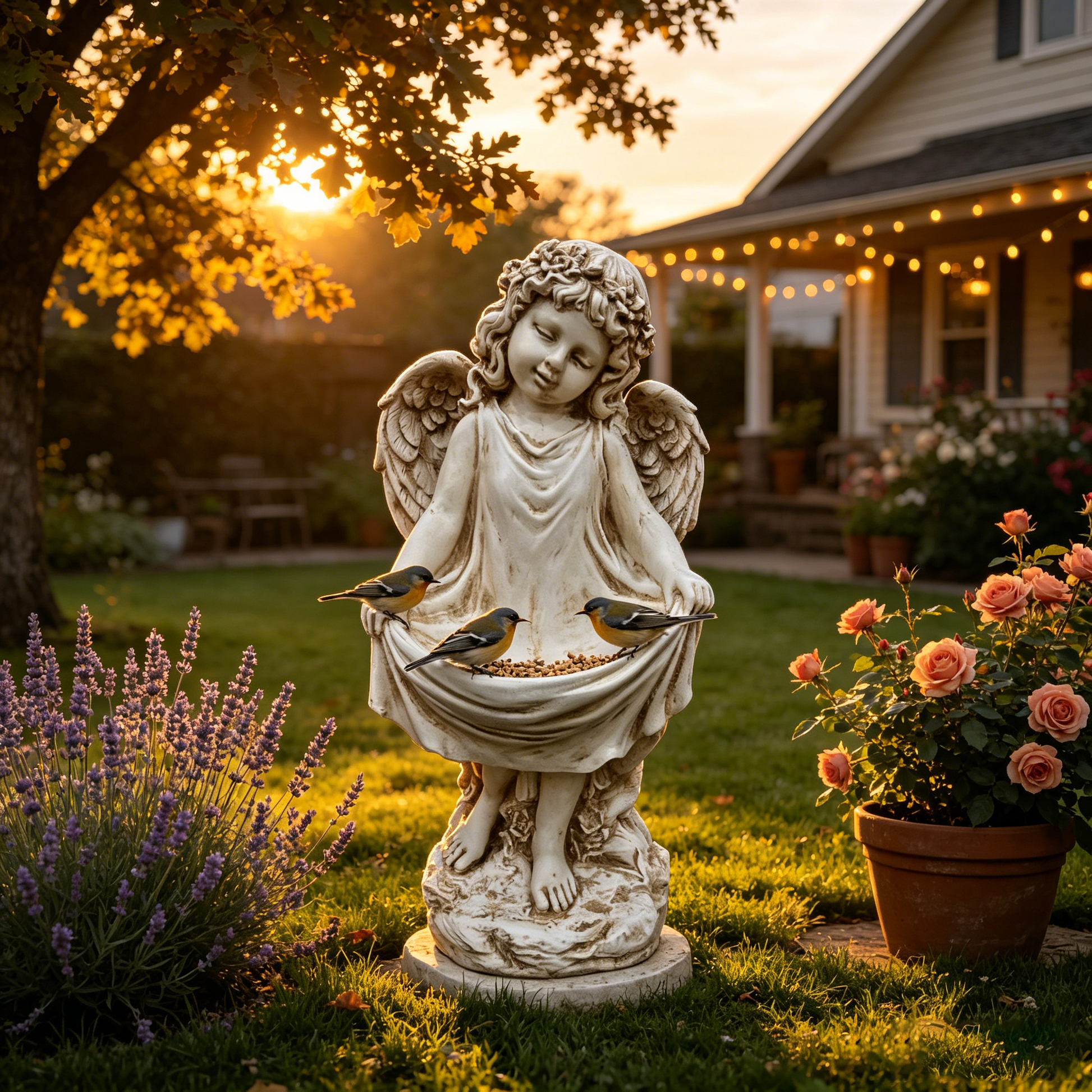 Weathered angel cherub garden statue 21.06in tall with three birds by HouseOfZazla on Tampa Home & Garden Store