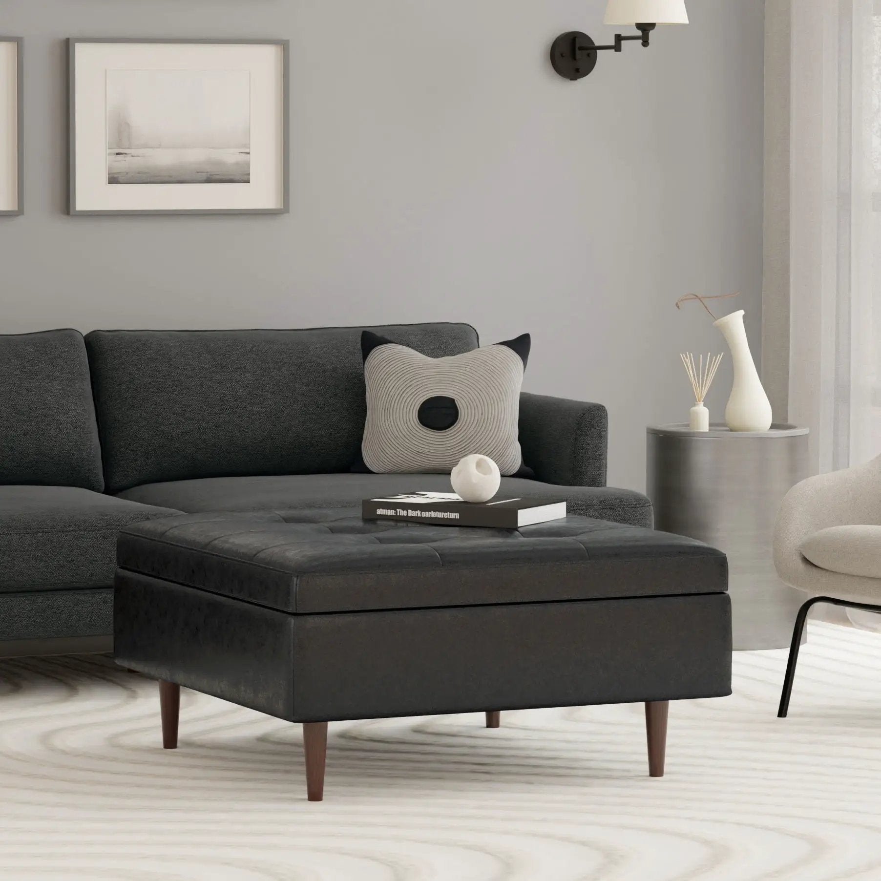 Shay Large Square Coffee Table Storage Ottoman charcoal fabric with wooden legs Unique Piece Furniture on Tampa Home & Garden Store