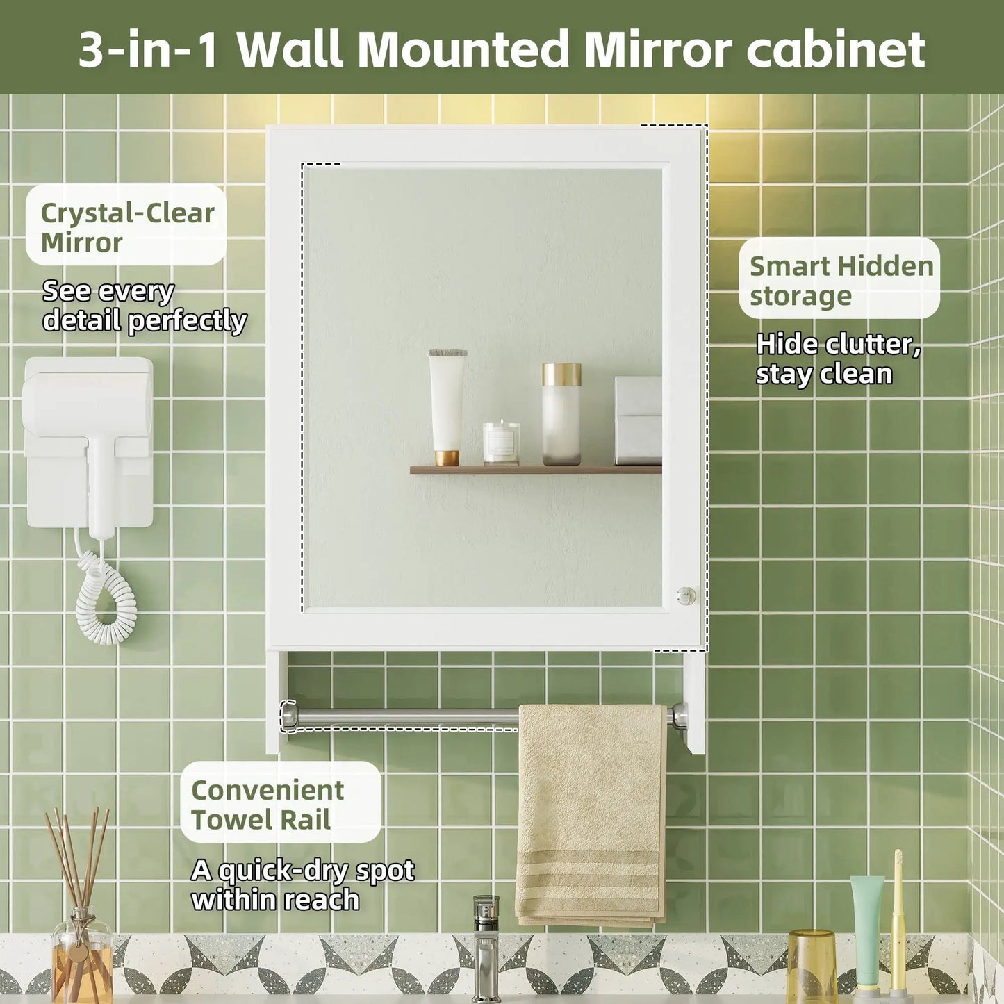 3-in-1 Mirror Cabinet white with adjustable shelf and towel bar Unique Piece Furniture on Tampa Home & Garden Store