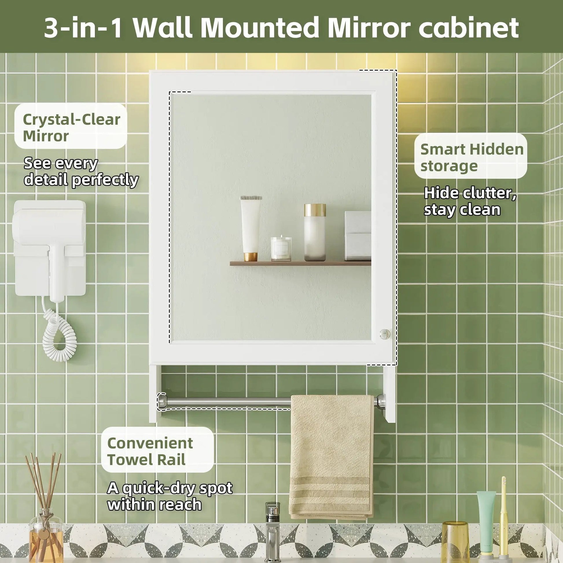 3-in-1 Mirror Cabinet white with adjustable shelf and towel bar Unique Piece Furniture on Tampa Home & Garden Store
