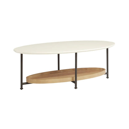 Oval coffee table with white top, natural wood lower shelf, and black metal legs on Tampa Home & Garden Store